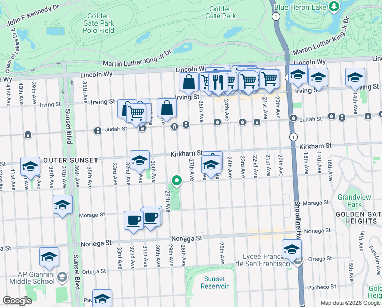 map of restaurants, bars, coffee shops, grocery stores, and more near Kirkham Street in San Francisco