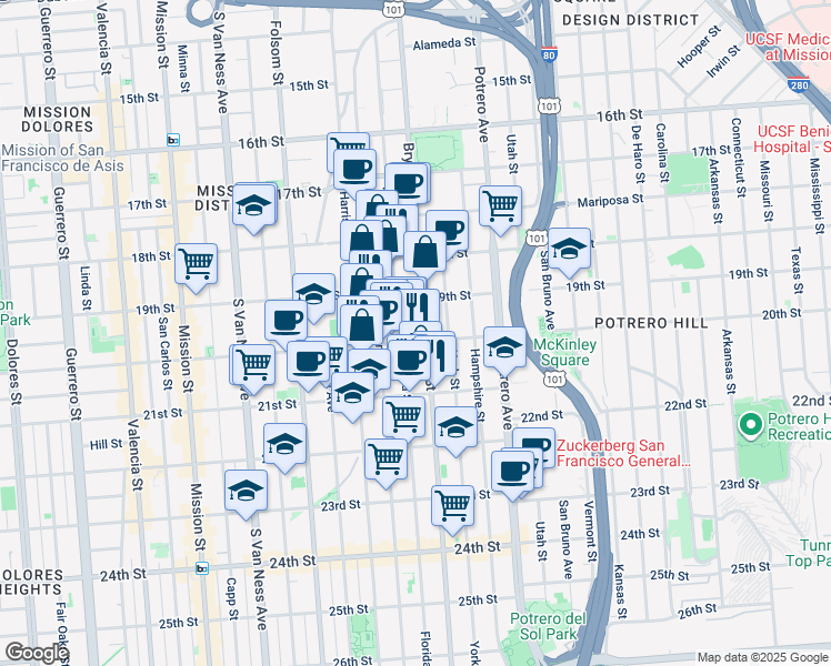 map of restaurants, bars, coffee shops, grocery stores, and more near 777 Florida Street in San Francisco