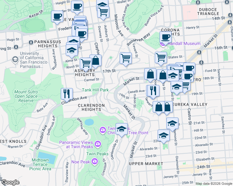 map of restaurants, bars, coffee shops, grocery stores, and more near Market Street & 19th Street in San Francisco