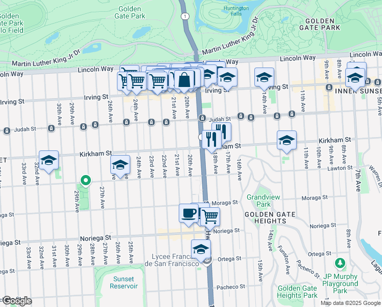 map of restaurants, bars, coffee shops, grocery stores, and more near 1514 20th Avenue in San Francisco