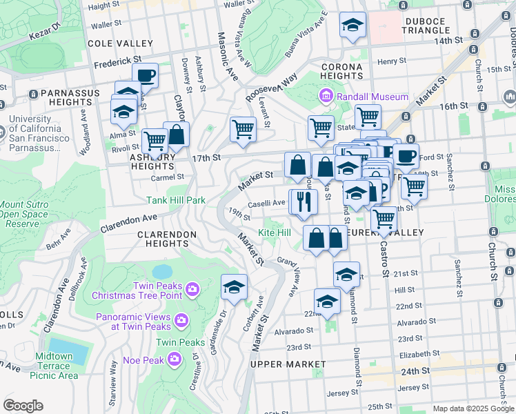 map of restaurants, bars, coffee shops, grocery stores, and more near 179 Caselli Avenue in San Francisco