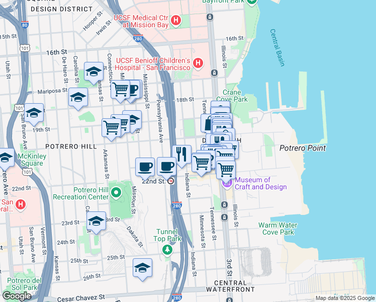 map of restaurants, bars, coffee shops, grocery stores, and more near 875 Indiana Street in San Francisco