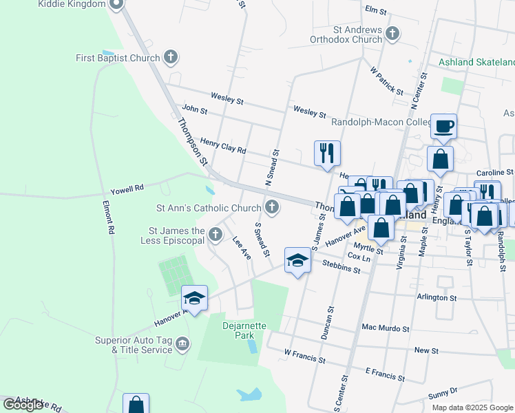 map of restaurants, bars, coffee shops, grocery stores, and more near 106 South Snead Street in Ashland