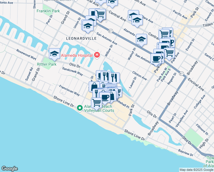 map of restaurants, bars, coffee shops, grocery stores, and more near 2160 Otis Drive in Alameda