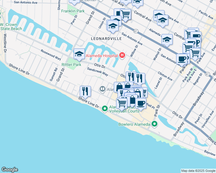 map of restaurants, bars, coffee shops, grocery stores, and more near 428 Whitehall Road in Alameda
