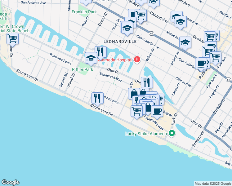 map of restaurants, bars, coffee shops, grocery stores, and more near 420 Camden Road in Alameda