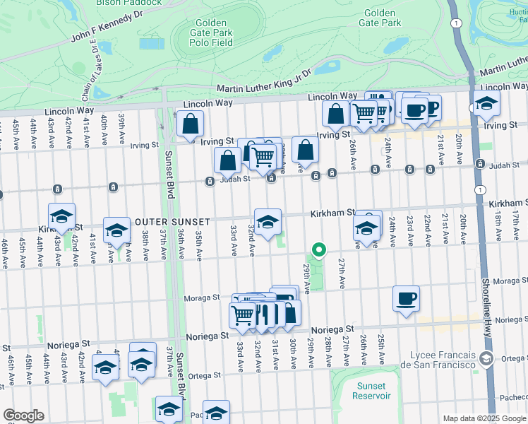 map of restaurants, bars, coffee shops, grocery stores, and more near 1491 31st Avenue in San Francisco
