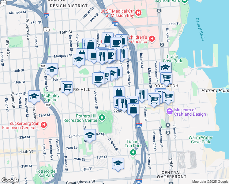 map of restaurants, bars, coffee shops, grocery stores, and more near 540 Texas Street in San Francisco