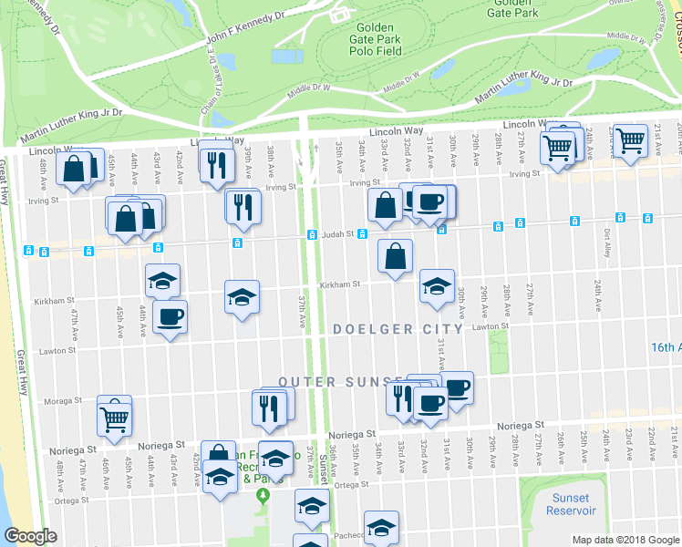 map of restaurants, bars, coffee shops, grocery stores, and more near 1479 35th Avenue in San Francisco