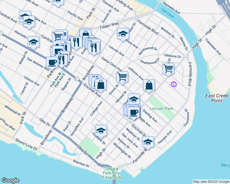 map of restaurants, bars, coffee shops, grocery stores, and more near 1346 Grove Street in Alameda