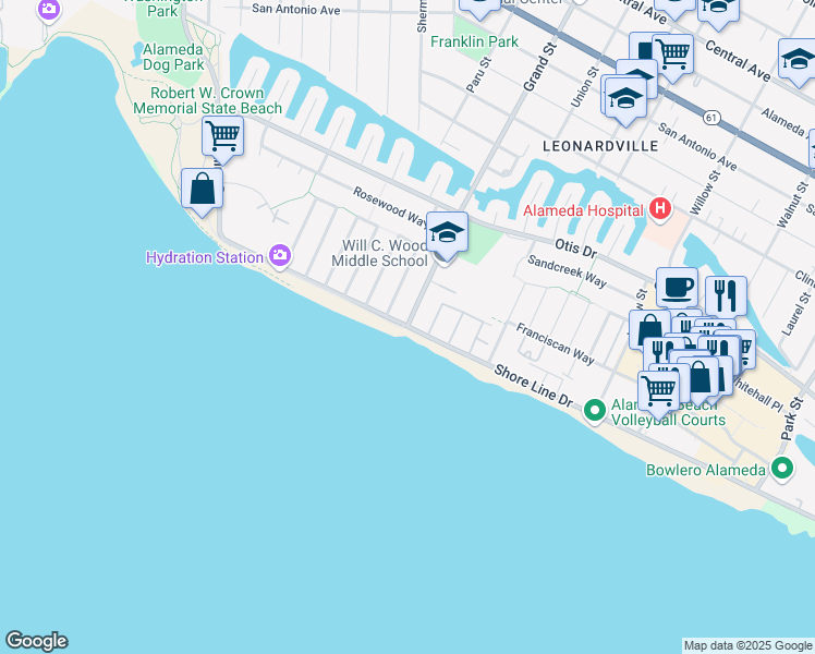 map of restaurants, bars, coffee shops, grocery stores, and more near Grand St & Shoreline Dr in Alameda