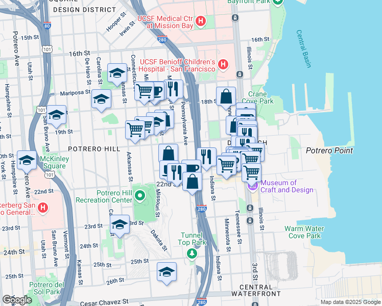 map of restaurants, bars, coffee shops, grocery stores, and more near 553 Pennsylvania Avenue in San Francisco