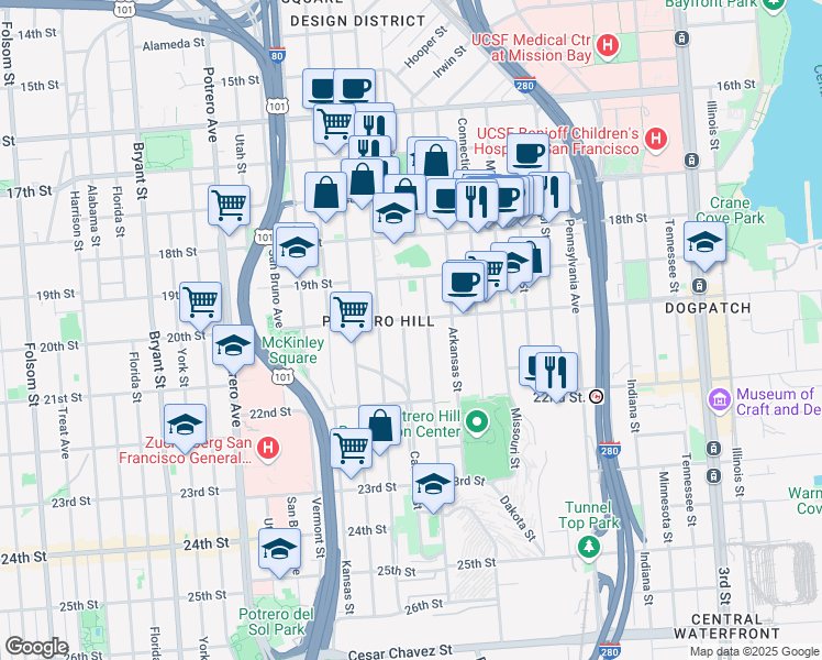 map of restaurants, bars, coffee shops, grocery stores, and more near 719 Carolina Street in San Francisco