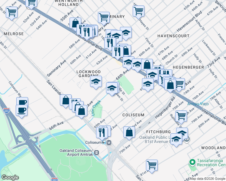 map of restaurants, bars, coffee shops, grocery stores, and more near 6639 Eastlawn Street in Oakland