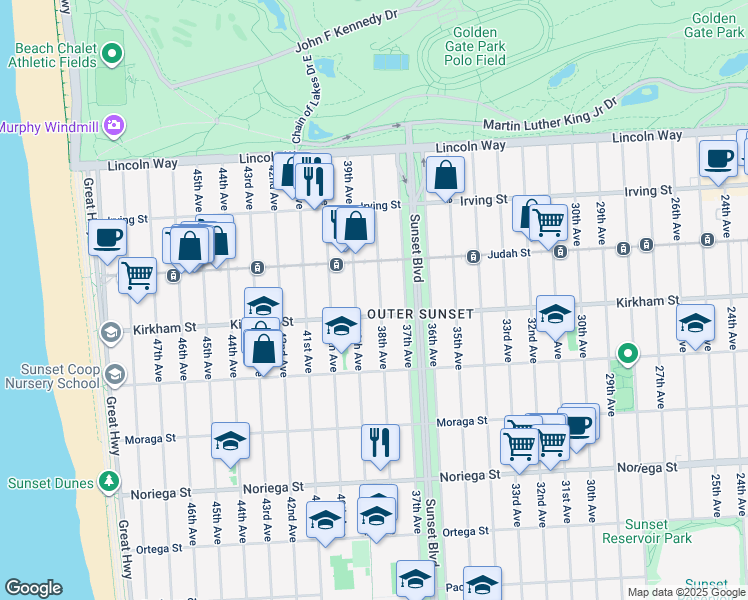 map of restaurants, bars, coffee shops, grocery stores, and more near 1469 38th Avenue in San Francisco