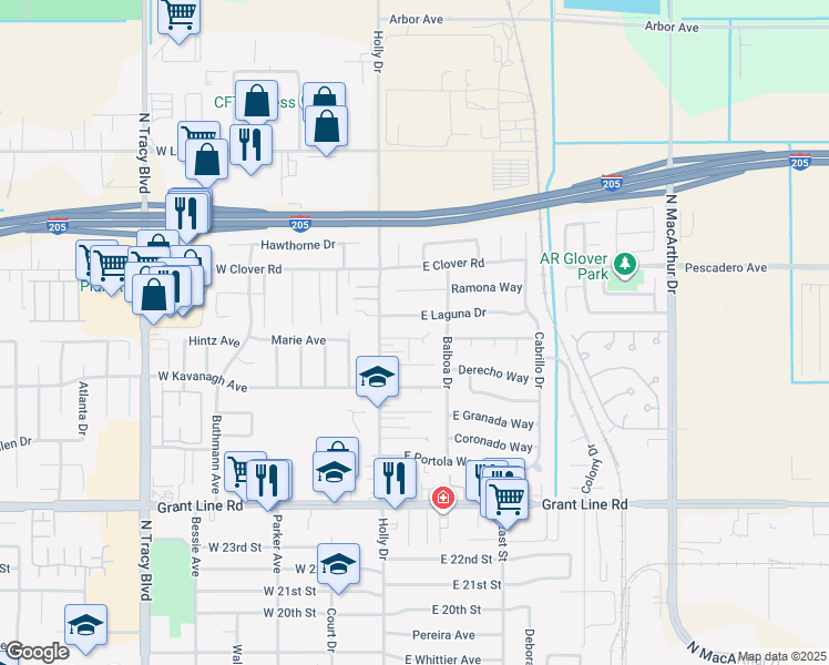 map of restaurants, bars, coffee shops, grocery stores, and more near 125 Finale Way in Tracy