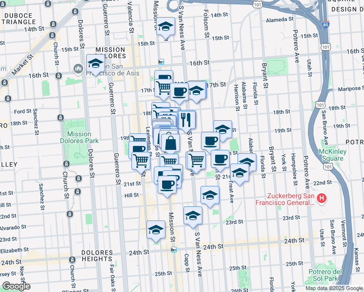 map of restaurants, bars, coffee shops, grocery stores, and more near 850 South Van Ness Avenue in San Francisco