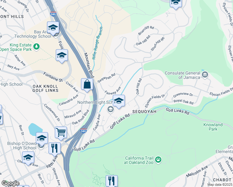 map of restaurants, bars, coffee shops, grocery stores, and more near 4000 Fairway Avenue in Oakland