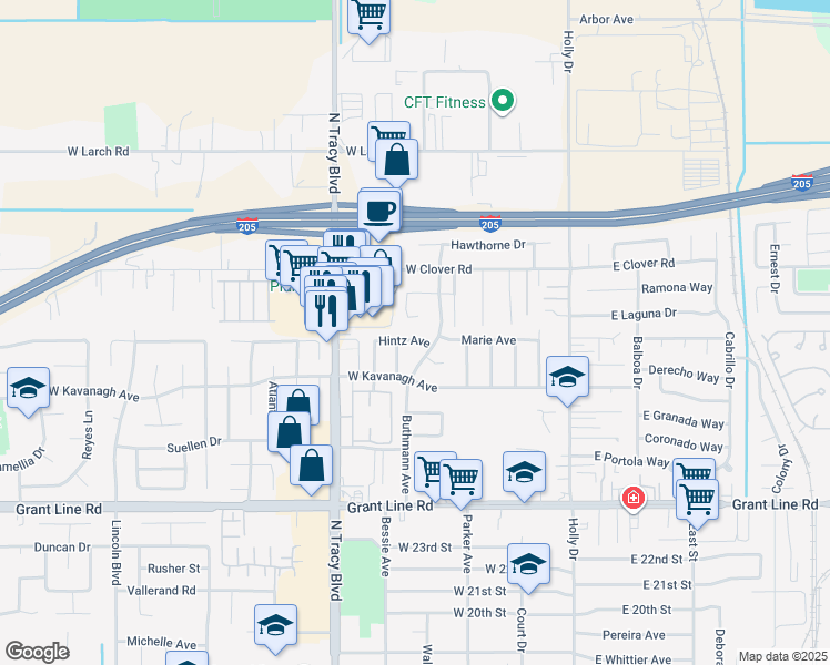 map of restaurants, bars, coffee shops, grocery stores, and more near 479 Hintz Avenue in Tracy