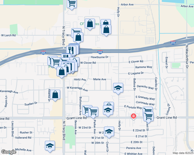 map of restaurants, bars, coffee shops, grocery stores, and more near 355 Marie Avenue in Tracy