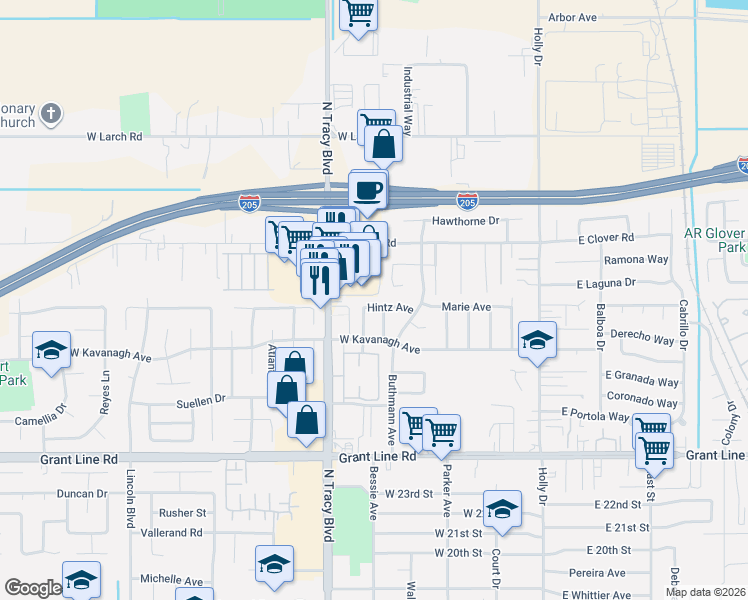 map of restaurants, bars, coffee shops, grocery stores, and more near 491 Hintz Avenue in Tracy