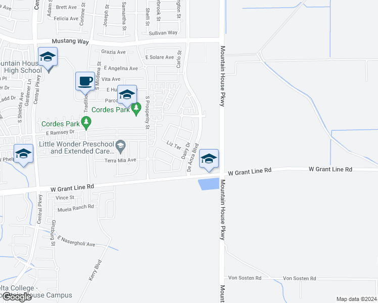 map of restaurants, bars, coffee shops, grocery stores, and more near 1480 Dairy Drive in Tracy