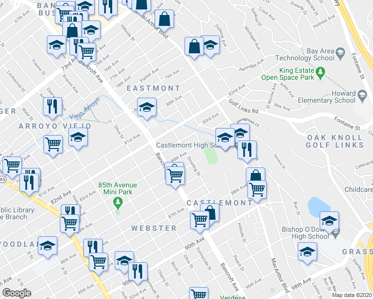 map of restaurants, bars, coffee shops, grocery stores, and more near 2301 84th Avenue in Oakland