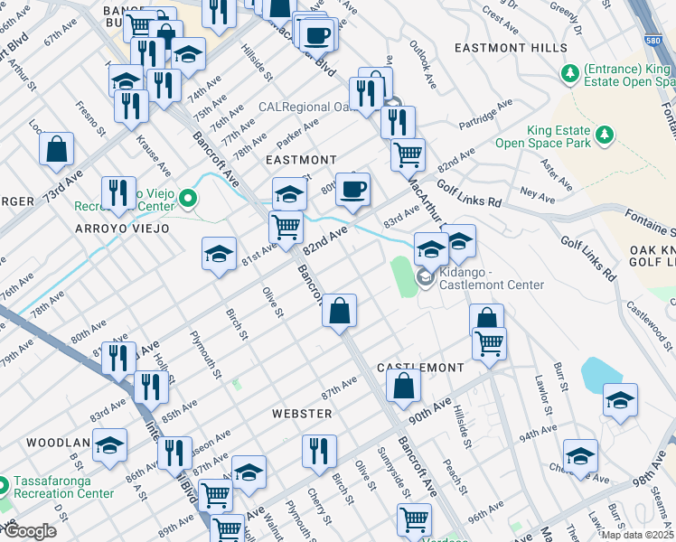 map of restaurants, bars, coffee shops, grocery stores, and more near 2244 83rd Avenue in Oakland