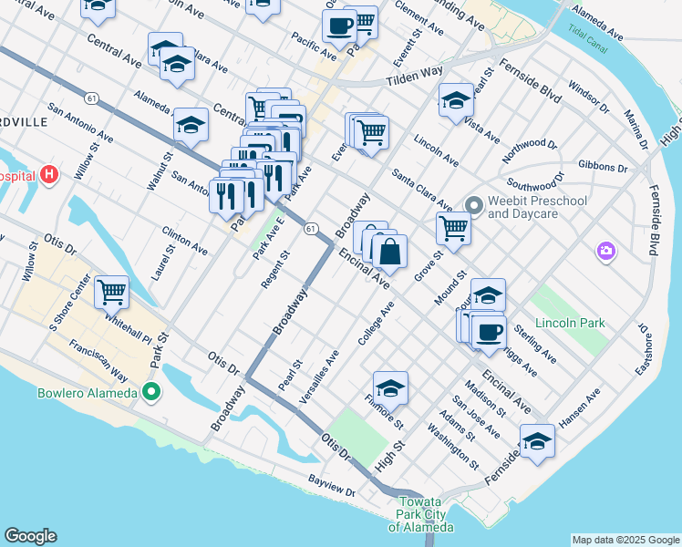map of restaurants, bars, coffee shops, grocery stores, and more near 1226 Broadway in Alameda