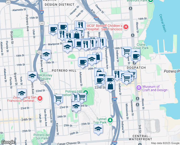 map of restaurants, bars, coffee shops, grocery stores, and more near 521 Connecticut Street in San Francisco