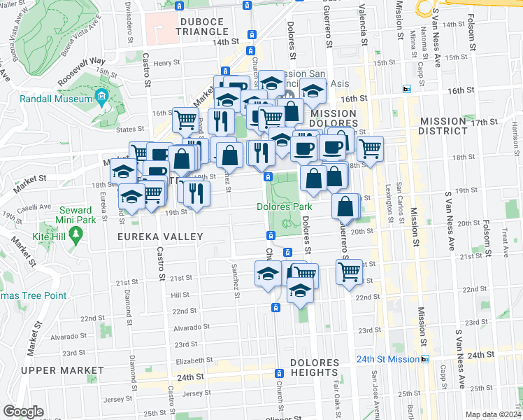 map of restaurants, bars, coffee shops, grocery stores, and more near 700 Church Street in San Francisco