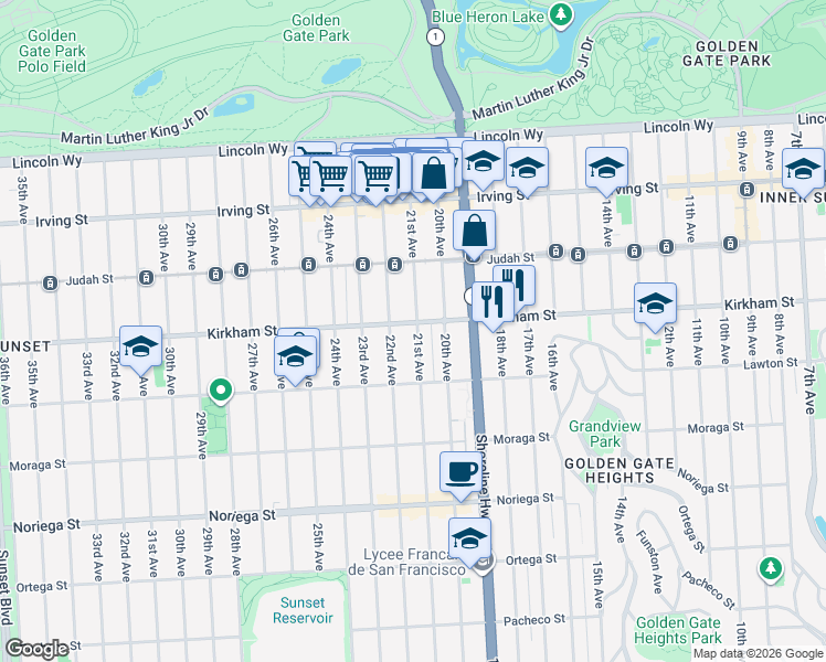 map of restaurants, bars, coffee shops, grocery stores, and more near 1727 Kirkham Street in San Francisco