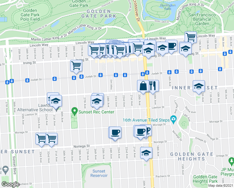 map of restaurants, bars, coffee shops, grocery stores, and more near 1506 23rd Avenue in San Francisco
