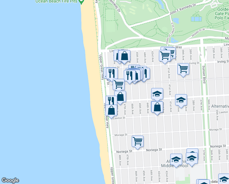 map of restaurants, bars, coffee shops, grocery stores, and more near 1442 48th Avenue in San Francisco