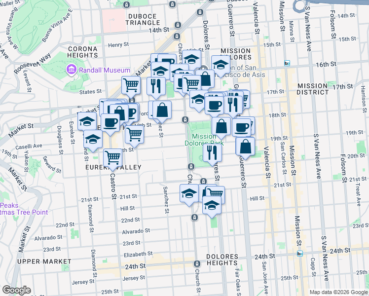 map of restaurants, bars, coffee shops, grocery stores, and more near 700 Church Street in San Francisco