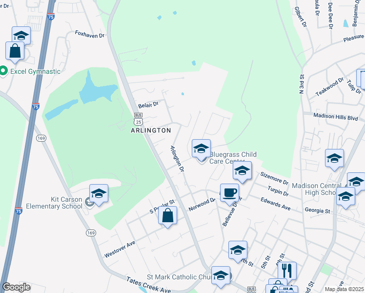 map of restaurants, bars, coffee shops, grocery stores, and more near 1406 Fairlane Drive in Richmond