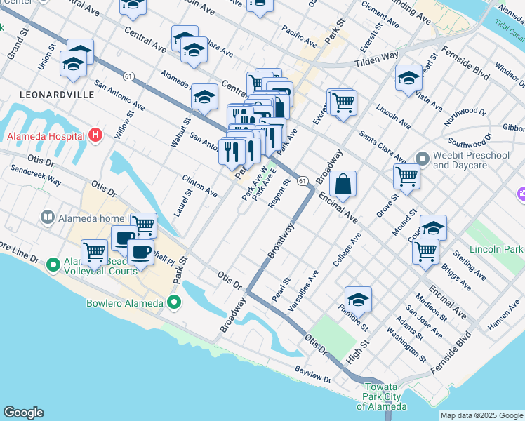 map of restaurants, bars, coffee shops, grocery stores, and more near 1181 Regent Street in Alameda