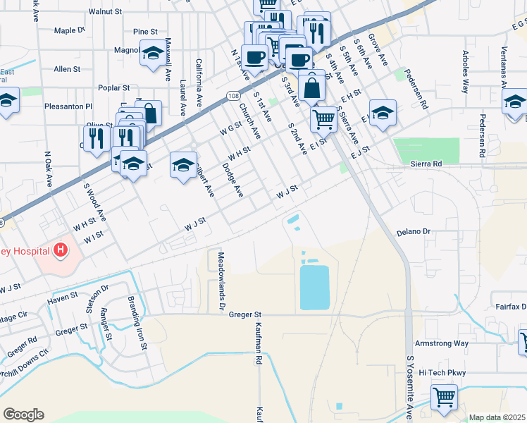 map of restaurants, bars, coffee shops, grocery stores, and more near 329 Birdwell Street in Oakdale