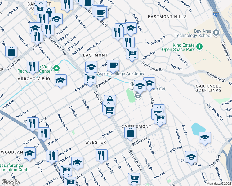 map of restaurants, bars, coffee shops, grocery stores, and more near 2301 84th Avenue in Oakland