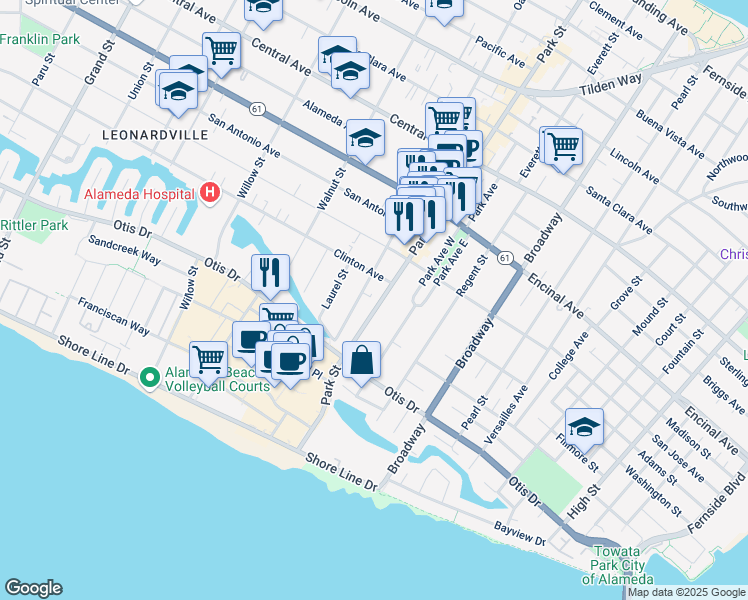 map of restaurants, bars, coffee shops, grocery stores, and more near 981 Park Street in Alameda