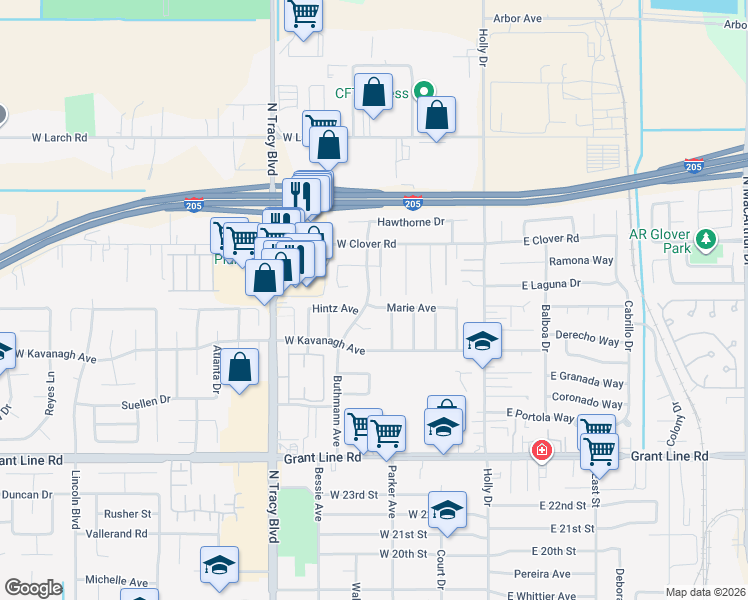map of restaurants, bars, coffee shops, grocery stores, and more near 451 Marie Avenue in Tracy