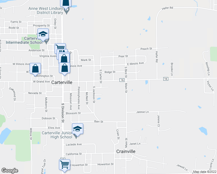 map of restaurants, bars, coffee shops, grocery stores, and more near 1st Street in Carterville