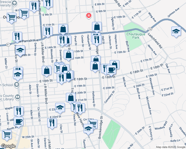 map of restaurants, bars, coffee shops, grocery stores, and more near 1735 Virginia Court in Owensboro