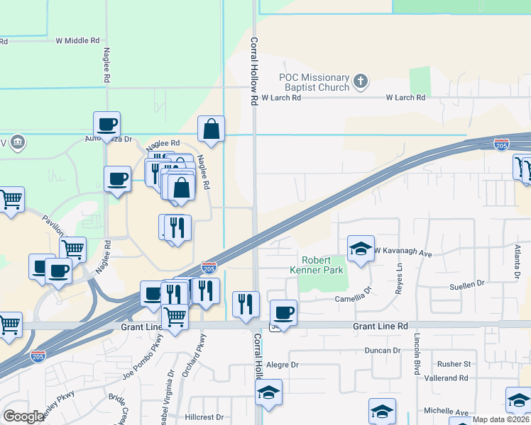 map of restaurants, bars, coffee shops, grocery stores, and more near 21936 Corral Hollow Road in Tracy