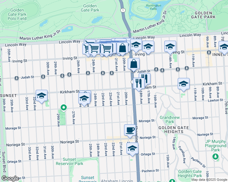 map of restaurants, bars, coffee shops, grocery stores, and more near 1727 Kirkham Street in San Francisco