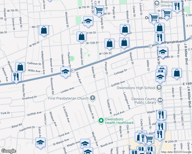 map of restaurants, bars, coffee shops, grocery stores, and more near 1515 Robin Rd in Owensboro