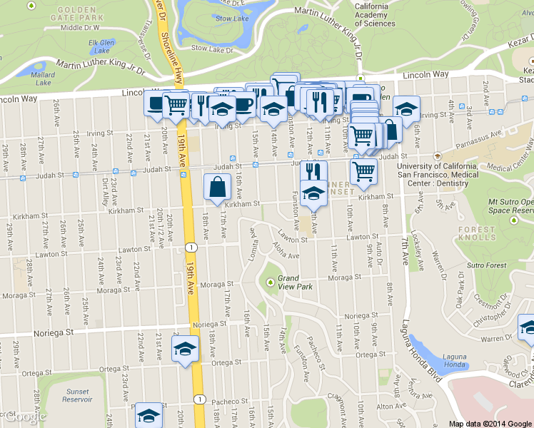 map of restaurants, bars, coffee shops, grocery stores, and more near 1525 15th Ave in San Francisco