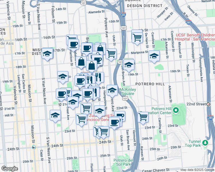 map of restaurants, bars, coffee shops, grocery stores, and more near 2620 20th Street in San Francisco
