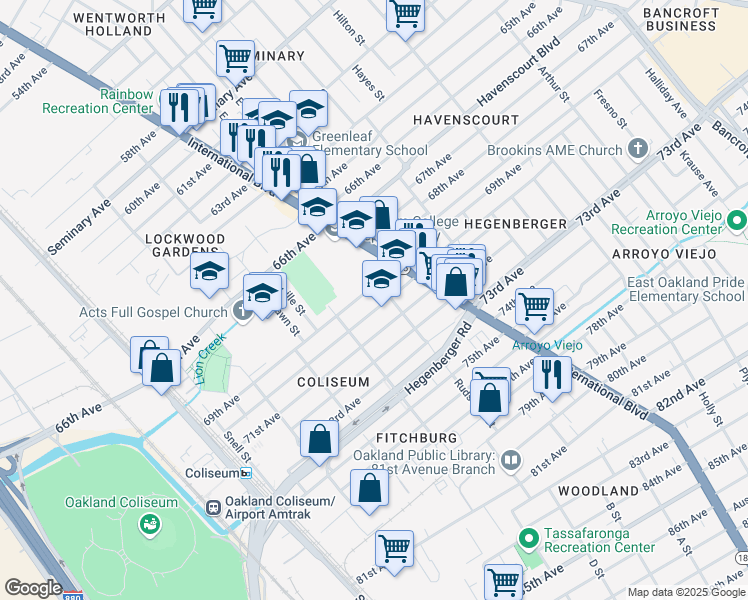 map of restaurants, bars, coffee shops, grocery stores, and more near 6901 Herbert Guice Way in Oakland