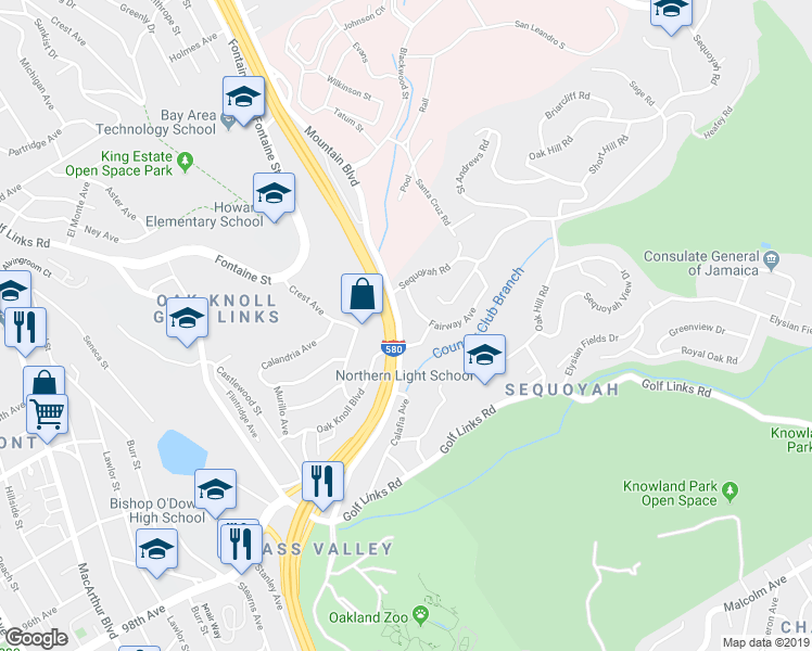 map of restaurants, bars, coffee shops, grocery stores, and more near 9370 Mountain Boulevard in Oakland